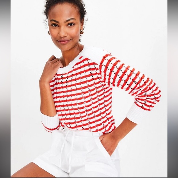 LOFT Sweaters - LOFT STRIPED WEDGE KNIT SWEATER MEDIUM RED WHITE